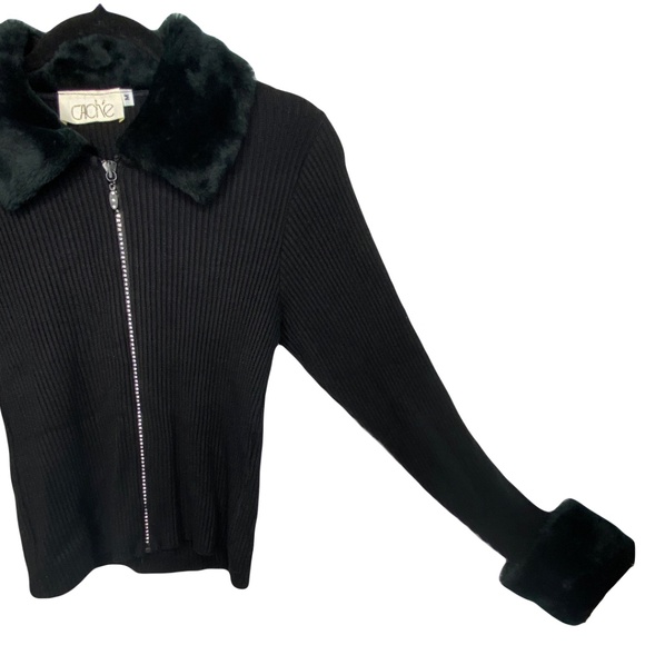 Cache Zip Embellished Vintage Ribbed Knit Y2K Sweater with Faux Fur Collar SizeM - Picture 3 of 6